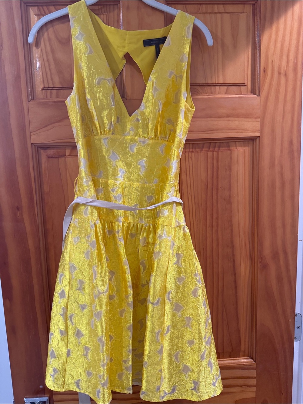BCBG Maxazaria Yellow V-Neck Jacquard Fit-and-Flare Mini Dress